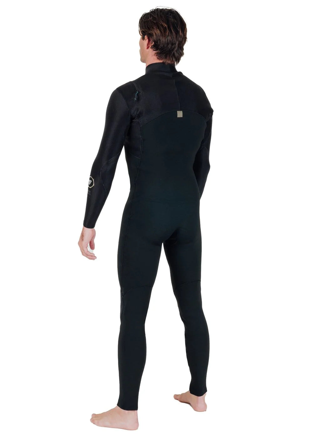 Back angle view of Vissla Men’s New Seas 4/3 U-Zip Steamer Wetsuit in Black 2 shed nine