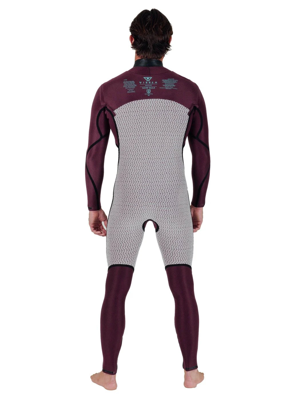 Vissla Men’s New Seas 4/3 U-Zip Steamer Wetsuit in grey and wine back view shed nine