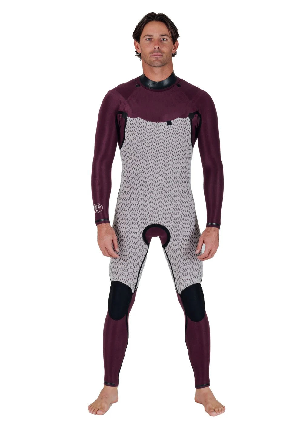 Vissla Men’s New Seas 4/3 U-Zip Steamer Wetsuit in grey and wine front view shed nine