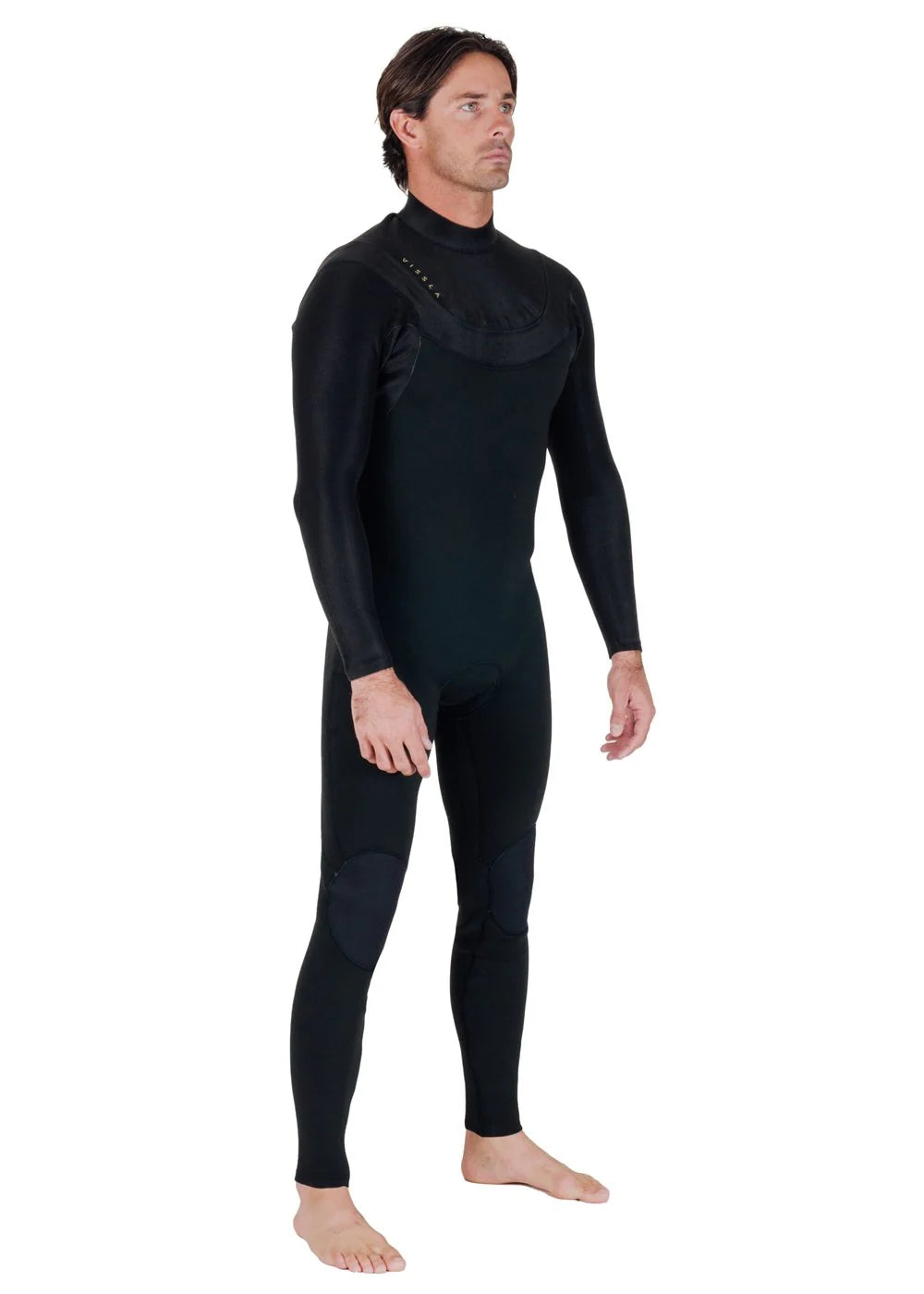 Angled model view wearing Vissla Men’s New Seas 4/3 U-Zip Steamer Wetsuit in Black 2 shed nine