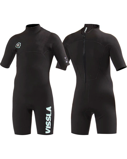 Black wetsuit with 'Vissla' branding on a white background shed nine