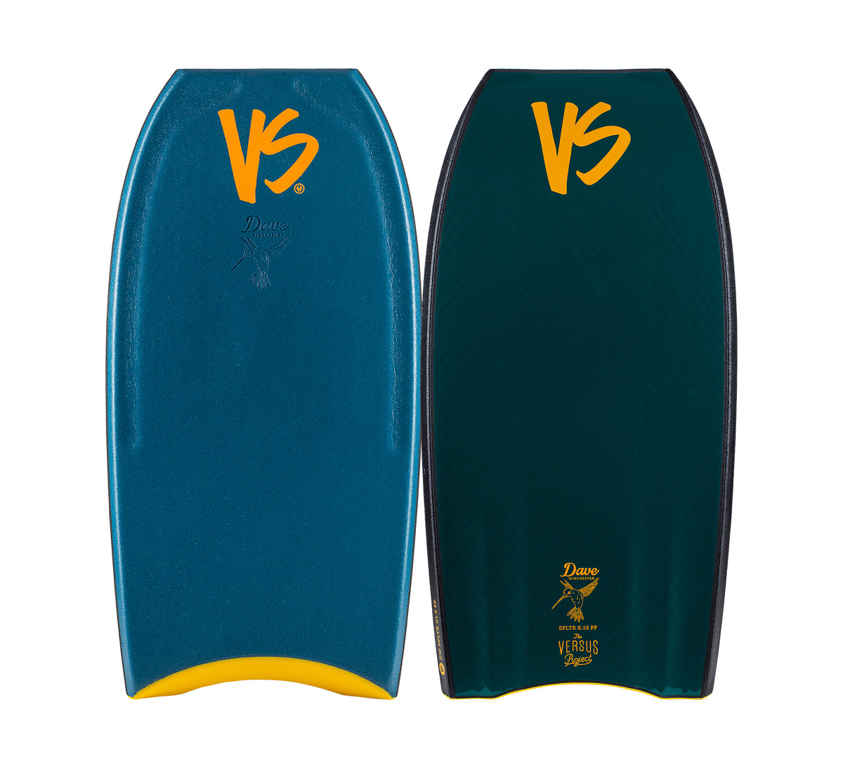 VS Dave Winchester K19 SPLTR Bodyboard in Deep Sea Green/Mallard Green, deck and underside views