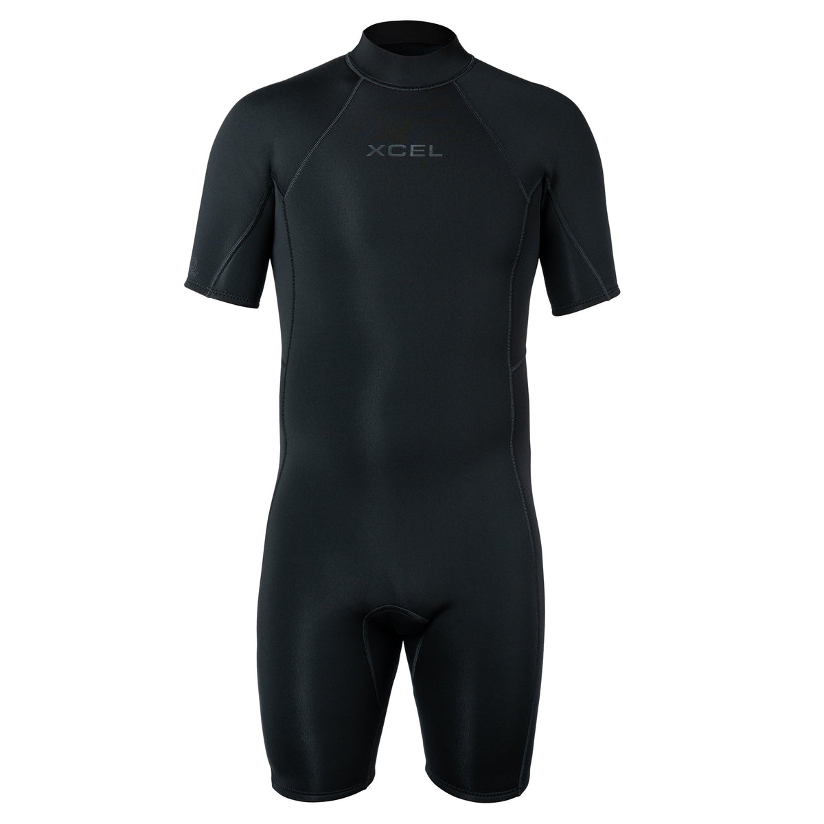 Xcel Axis 2mm short sleeve back zip springsuit in black, front view