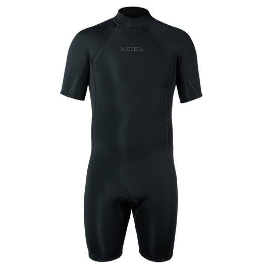 Xcel Axis 2mm short sleeve back zip springsuit in black, front view