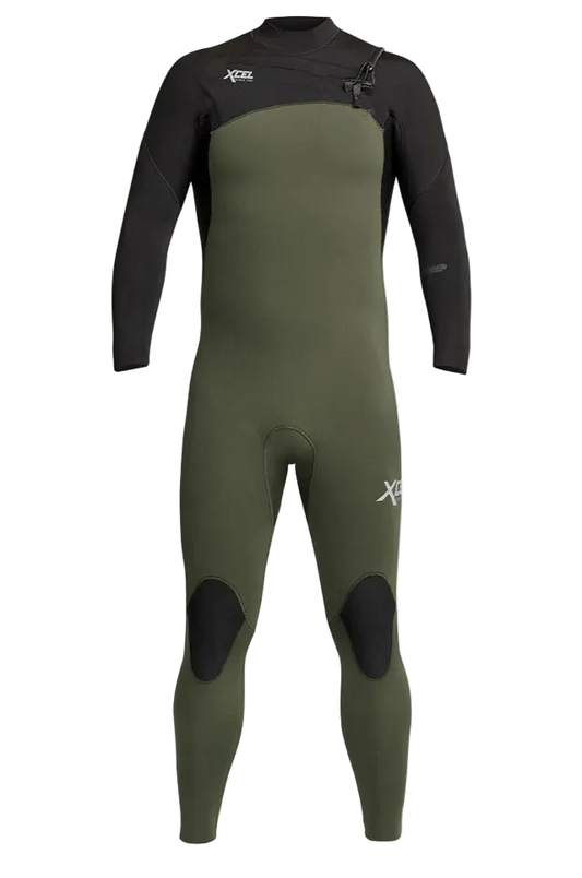 Xcel Men’s Comp 4/3mm Chest Zip Steamer Wetsuit in Dark Forest front view shed nine