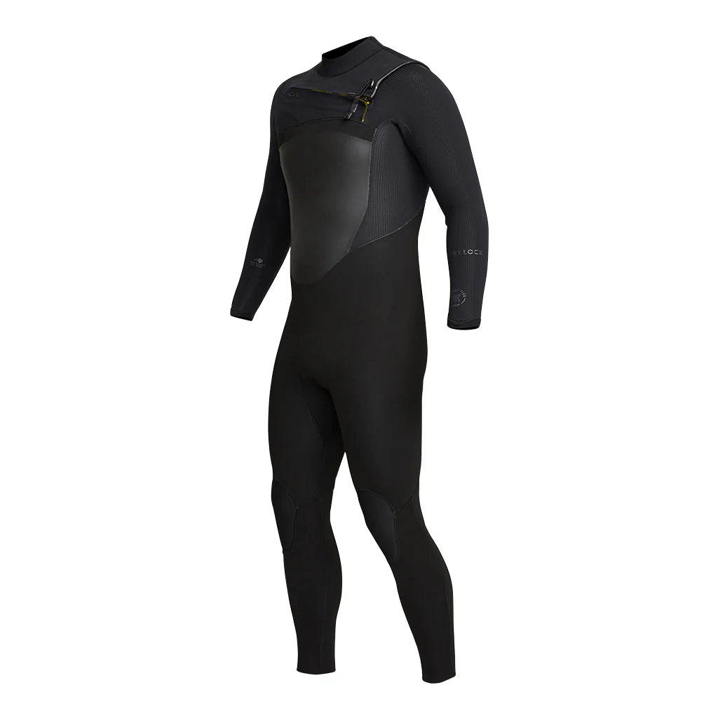 Angled front view of Xcel Men’s Drylock 3/2mm Chest Zip Steamer Wetsuit in black shed nine