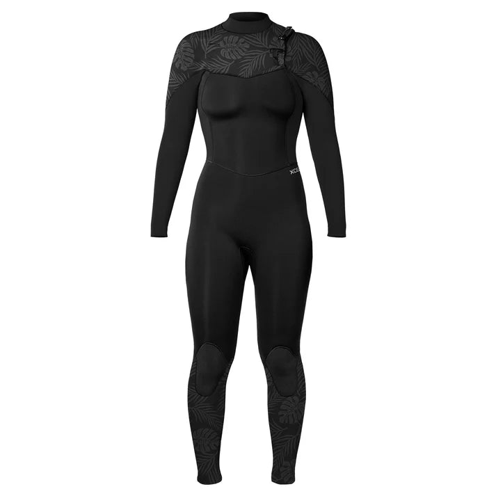 Xcel Women’s Comp 4/3mm black palm monstera chest zip winter wetsuit front view shed nine