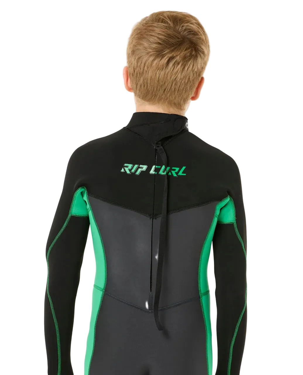 Back detail of the Xcel Youth Axis 3/2 Steamer Wetsuit in Neon Green shed nine
