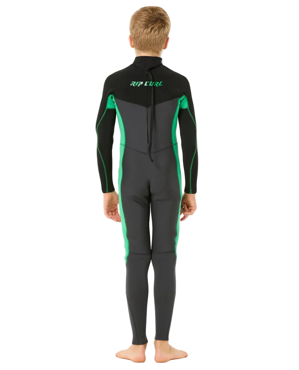 Back view of the Xcel Youth Axis 3/2 Steamer Wetsuit in Neon Green shed nine