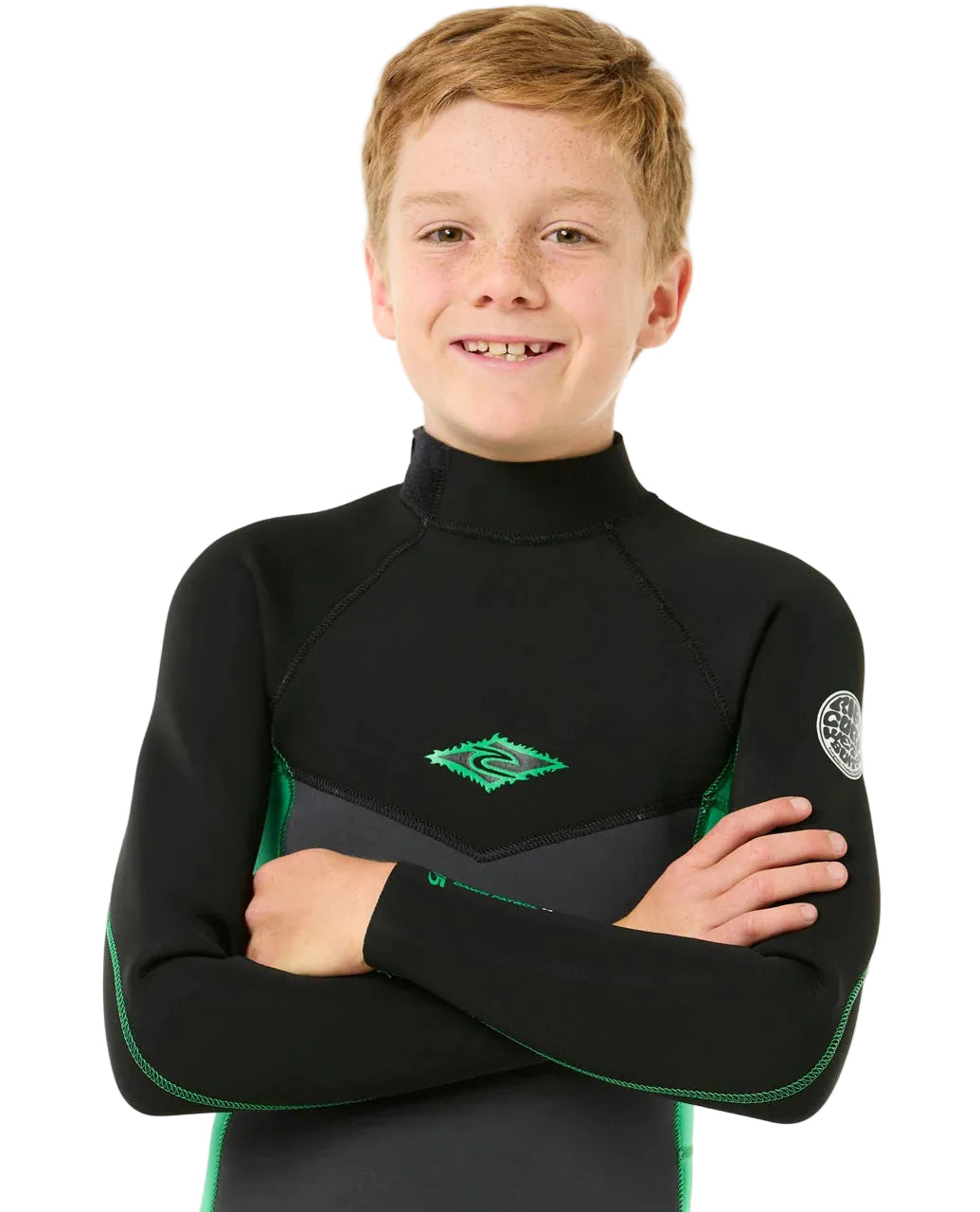 Chest detail of the Xcel Youth Axis kids 3/2 wetsuit in Neon Green shed nine