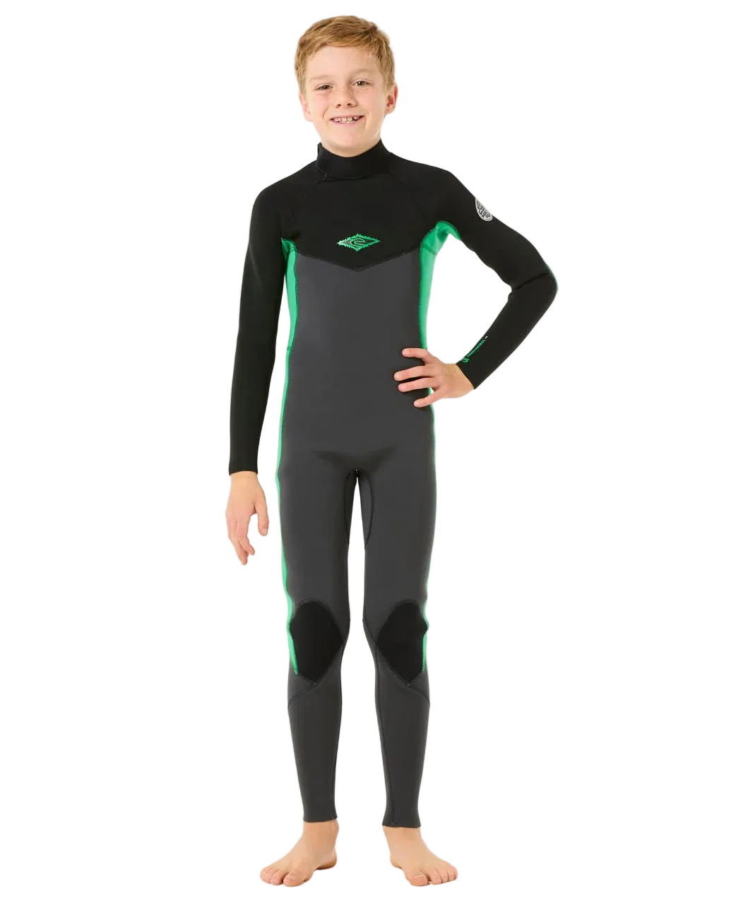 Youth model wearing the Xcel Axis 3/2 Steamer Wetsuit in Neon Green shed nine