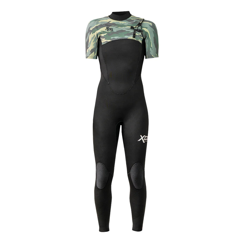 Xcel youth black green camo 2mm short sleeve steamer front view shed nine