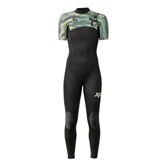 Xcel youth black green camo 2mm short sleeve steamer front view shed nine