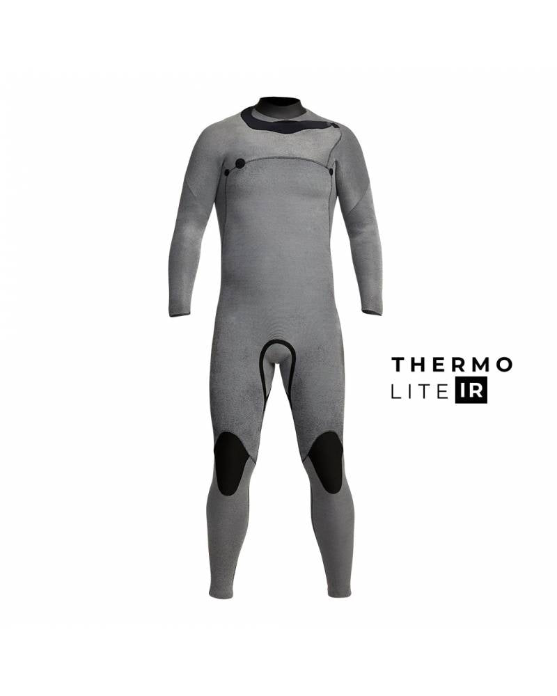Gray wetsuit with black accents on a white background, featuring 'Thermo Lite IR' text. shed nine