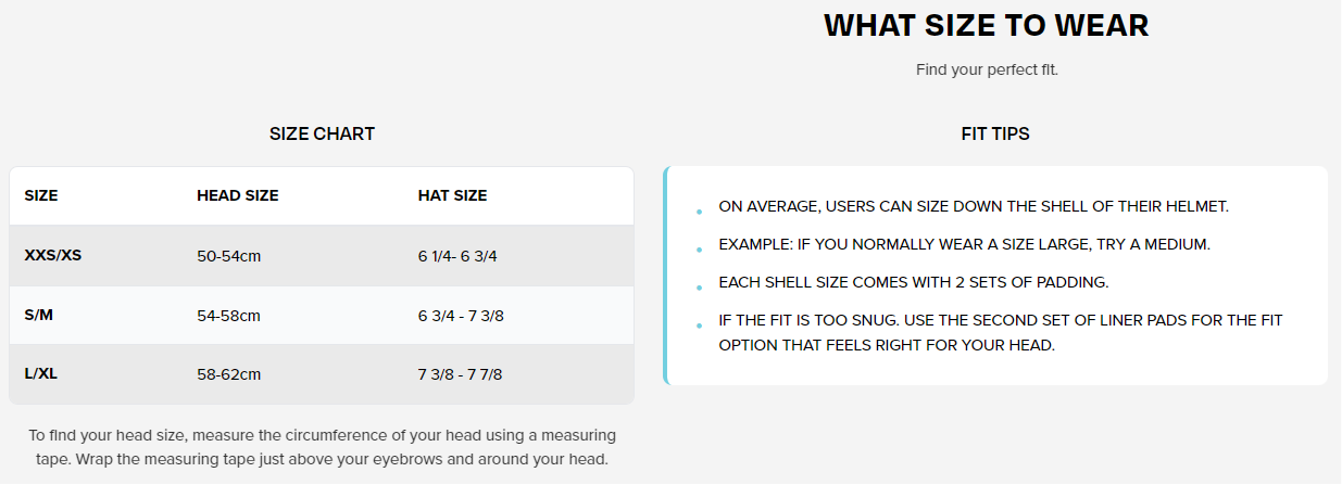 Size chart for Yepa T-Shell Skate Helmet in matte black shed nine