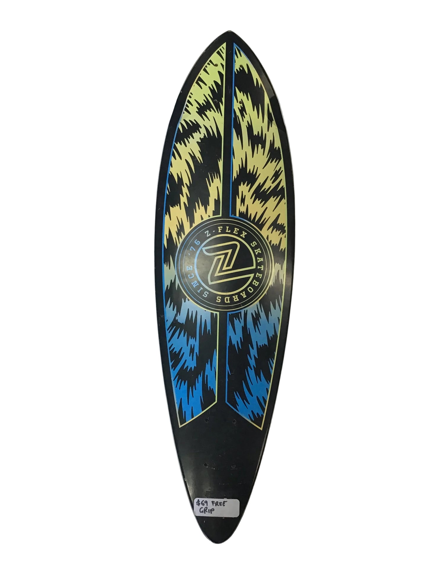 Z-Flex 76 pintail 38-inch longboard deck with black blue and lime graphic