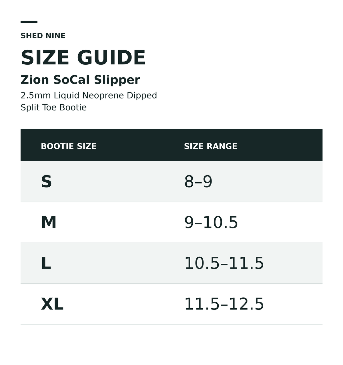 Zion SoCal Slipper 2.5mm Liquid Neoprene Dipped Split Toe Bootie size guide